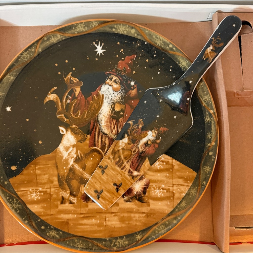Tis the Season Christmas Cake Plate and Server Set Santa Reindeer Ceramic